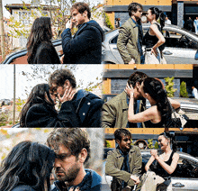 a collage of photos of a man and a woman kissing