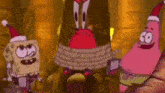 spongebob , krabby krabs , and patrick star are wearing santa hats and tied up .