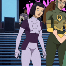 a woman in a purple and white superhero suit with the number 1 on her chest