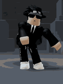 a roblox character wearing sunglasses and a black suit with the word new on the bottom of his pants