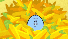 a cartoon character with a red white and blue striped shirt is standing in a pile of yellow corn