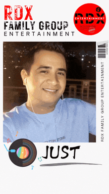 an ad for rdx family group entertainment shows a man with headphones