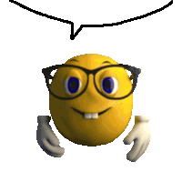 a cartoon smiley face with glasses and a speech bubble above it