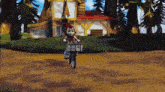 a little red riding hood is riding a bike in front of a house in a cartoon