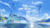 a painting of a river with a blue sky and clouds behind it