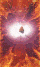 a purple and orange background with a white object in the center