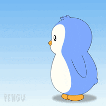 a penguin holds up a coin with a red s on it