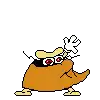 a pixel art drawing of a chicken with red eyes and a hat on .