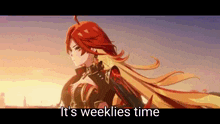 a cartoon girl with long red hair is standing in front of a sunset .