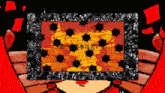 a cartoon drawing of a person holding a card with chinese writing