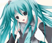 a girl with blue hair and black gloves is wearing a tie