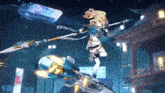 a girl is holding a spear and riding a rocket in a video game