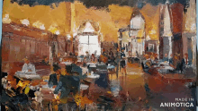 a painting of people sitting at tables with the words made in animotica below it