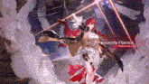 a woman with red hair is holding a sword in a video game .