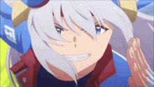a close up of a anime character with the letter e on her shirt