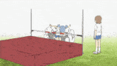 a cartoon of a girl standing in front of a high jump bar