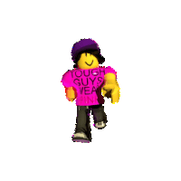 a roblox character wearing a purple hat and a pink shirt that says `` tough guys wear '' .