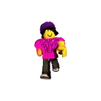 a roblox character wearing a purple hat and a pink shirt that says `` tough guys wear '' .