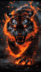 a tiger is surrounded by flames and glowing orange eyes