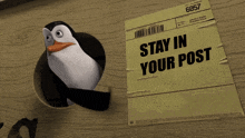 a penguin is sticking its head out of a hole next to a postcard that says stay in your post