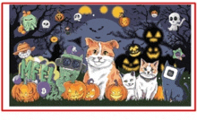 a group of cats are surrounded by pumpkins and a sign that says ' life '