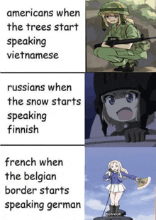 a cartoon of a girl in a military uniform with the words americans when the trees start speaking vietnamese on the bottom