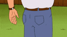 a cartoon man with a watch on his wrist is standing in the grass