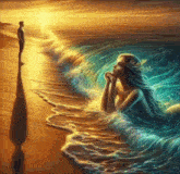 a man is standing on the beach looking at a mermaid in the water