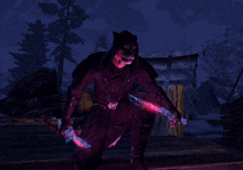 a video game character is holding a pair of glowing knives
