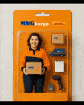 a mng kargo package with a woman holding a package