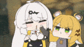 a cartoon of a girl with white hair and a yellow bear with green eyes .