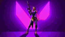 a video game character named nh reyna is holding a gun in a dark room