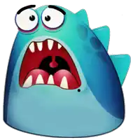 a blue cartoon character with big eyes and a red mouth