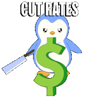 a penguin is holding a green dollar sign with the words cut rates written above it