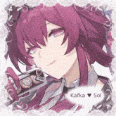 a picture of a girl with purple hair and the name kafka on it