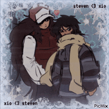 a drawing of steven and xio with snowflakes on the background