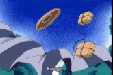 a cartoon scene with boxes flying in the air and enough written on the bottom