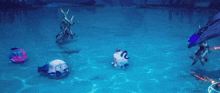 a group of people are standing in the water in a video game .