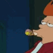 a cartoon character is blowing a party horn with his mouth open .