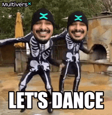 two men in skeleton costumes are dancing with the words let 's dance in the background