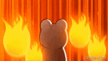 a cartoon bear is standing in front of a wall of flames .
