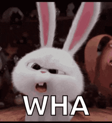 a snowball rabbit from the secret life of pets is looking angry and says wha .