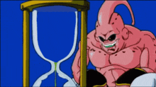 a cartoon character is standing next to an hourglass and smiling