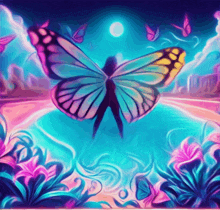 a colorful painting of a butterfly surrounded by pink flowers