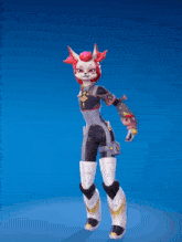 a cartoon character with red hair is dancing with her arms outstretched against a blue background