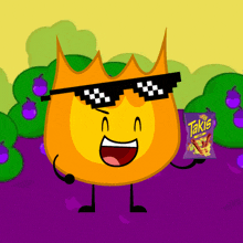 a cartoon character holding a bag of takis