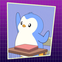 a picture of a penguin sitting at a desk with a book on it