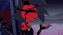 a red and black cartoon character with a heart tattoo on her arm