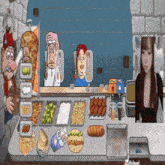 a woman is behind a counter in a video game with a cartoon character behind her