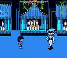 a pixel art of a person standing next to another person in a game .